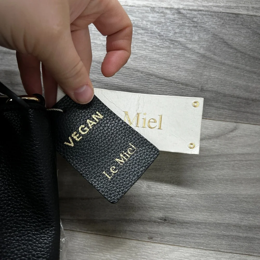 Vegan Le Miel Shoulder Bag Women's Black Beaded‎ Faux Leather Detachable Strap